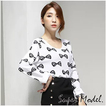 【名模衣櫃】加厚印花保暖上衣-共11款 (適穿M-XXL)FREE蝴蝶結白
