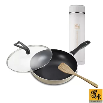 【鍋寶】香檳金炒鍋全系列+超真空保溫杯(白)EO-NS828LISVC509WSP5金色