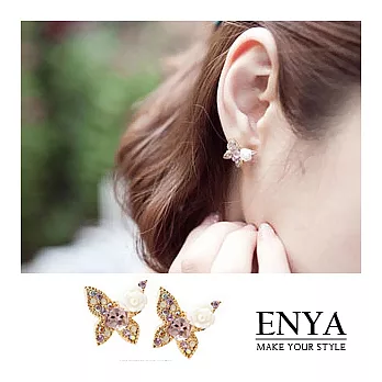 Enya★彩鑽蝴蝶鑲玫瑰耳環粉