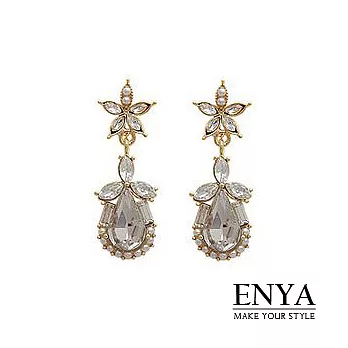 Enya★珍珠花朵綴水滴耳環