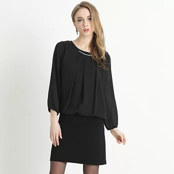 【GIVORS】珠鍊前抓褶雪紡連身裙M黑