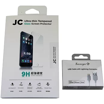 【3C禮盒組】JC iPhone 6 薄型鋼化玻璃保護貼(4.7吋／0.2mm)+Samya Apple Lightning 8pin 充電/傳輸線