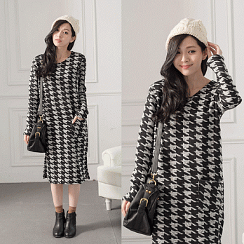 ROSE。韓版厚磨毛千鳥開岔長洋 黑系