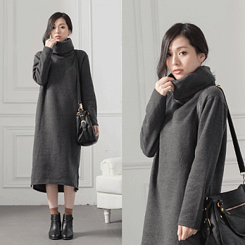 ROSE。韓版寬高領連身長洋裝 深灰系