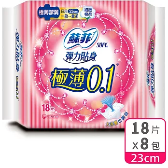 蘇菲 彈力貼身極薄0.1cm潔翼日用(23CM)(18片 x 8包/組)