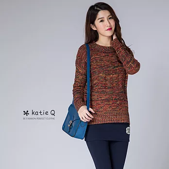 【KatieQ】方格織紋混色針織上衣-FREEFREE橘