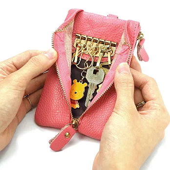 真皮 鑰匙包 三層拉鍊多功能迷你鑰匙錢包 男女通用 CHENSON 粉紅(W00158-P)
