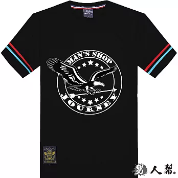 【男人幫】T1112＊【圓標老鷹展翅拼接條紋短袖T恤】黑色 M號