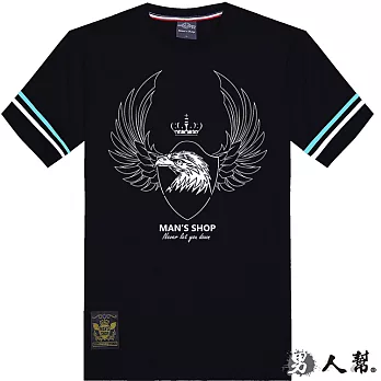 【男人幫】T1128＊【老鷹皇冠袖口拼接條紋短袖T恤】黑色 XS號