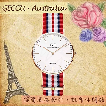 【GECCU】GE-GECCU．Australia經典極簡風格 帆布休閒錶-玫瑰金-七線_紅帆布