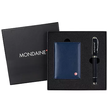 MONDAINE 瑞士國鐵牛皮信用卡夾(藍)+鋼珠筆禮盒組