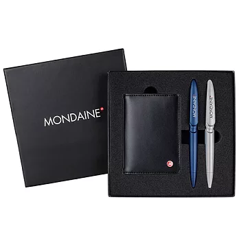 MONDAINE 瑞士國鐵牛皮信用卡夾(黑)+藍灰對筆禮盒組