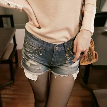 ROSE。搶眼水鑽寶石牛仔短褲 藍系S