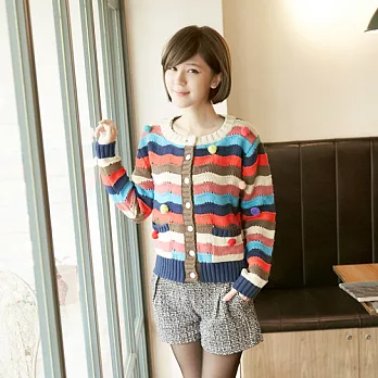 【韓國連線】。彩紋拼接立體小球毛衣外套 杏系