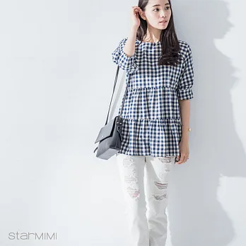 【STARMIMI】小格子蛋糕拼接短洋裝＊FREE格紋