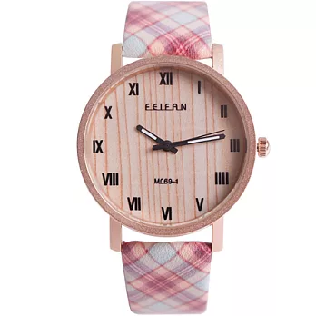 Watch-123 英倫假期-羅馬刻度歐風格紋腕錶淺紅格紋