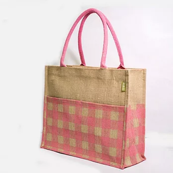 【KK Jute Bag 潮麻包】玩色系列 格紋潮麻包(粉紅)----肩揹/手提兩用包