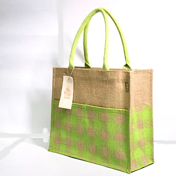 【KK Jute Bag 潮麻包】玩色系列 格紋潮麻包(粉綠)----肩揹/手提兩用包粉綠