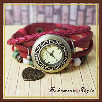 BOBO-1964 波西米亞風 復古皮革編織吊飾錶紅色