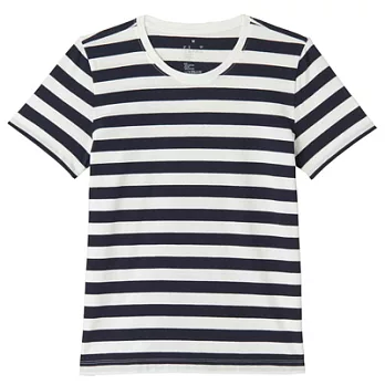 [MUJI 無印良品]女有機棉圓領橫紋短袖T恤L暗藍橫紋