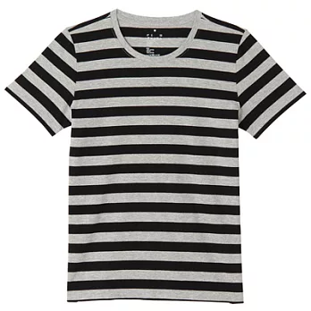 [MUJI 無印良品]女有機棉圓領橫紋短袖T恤S黑橫紋