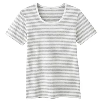 [MUJI]女有機棉混彈性圓領橫紋短袖T恤L白橫紋
