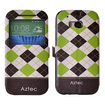 Aztec 個性彩繪 HTC One M8 視窗手機保護皮套綠色菱格