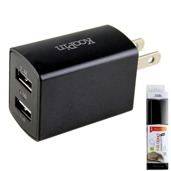 KooPin 超炫LED萬用雙孔USB充電器 5V/2.4A -台灣安規認證炫黑