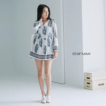 【StarMIMI】V領柔滑民俗感洋裝＊M白底印花