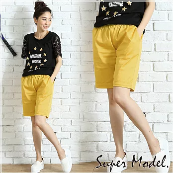 【名模衣櫃】繽紛色系 鬆緊五分反摺褲-共9色L黃