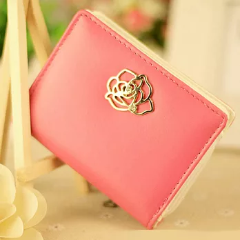 A+ accessories 玫瑰情緣 金屬雕花裝飾粉彩系女用短夾 (6色可選)玫紅