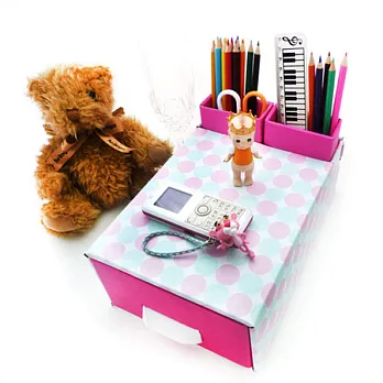 韓系DIY繽紛普普風桌面整理抽屜收納盒+2入筆筒-可愛蜜桃紅