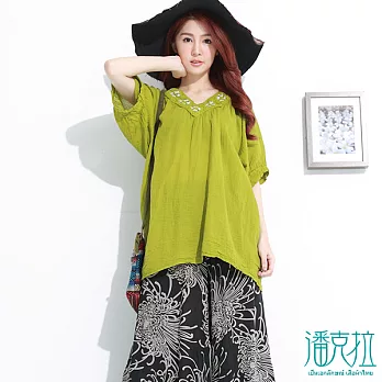 【潘克拉】編織V領捲T(2色)-FREEFREE綠