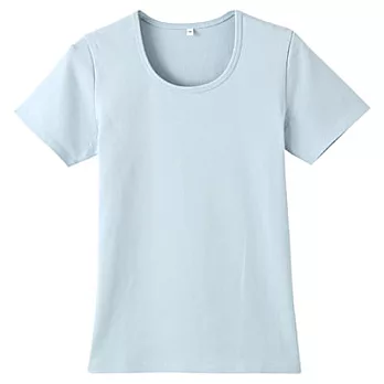 [MUJI 無印良品]女有機棉混彈性圓領短袖T恤S淡藍