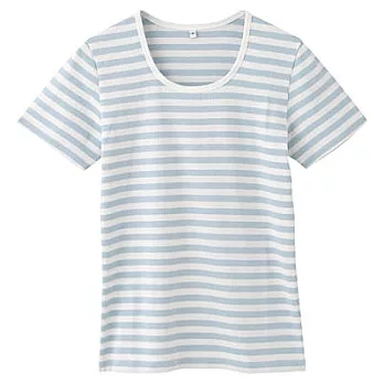 [MUJI 無印良品]女有機棉混彈性圓領橫紋短袖T恤L淡藍橫紋