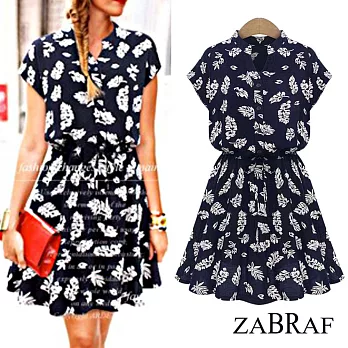 【BR】歐美風 蝙蝠袖印花連身裙(M-XL可選)M深藍