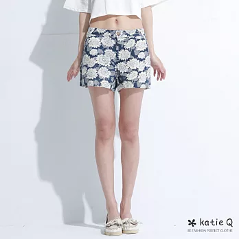 【KatieQ】太陽印花棉麻短褲(2色)-FREEFREE藍