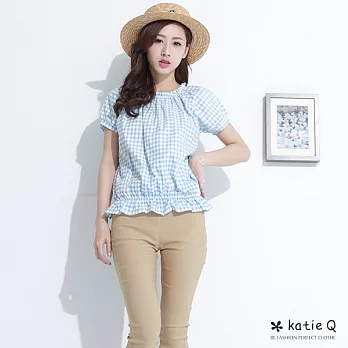 【KatieQ】鬆緊領口格紋上衣(3色)-FREEFREE藍
