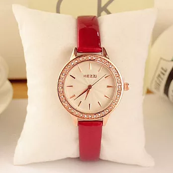 【KEZZI】 珂紫 851 韓版簡約晶鑽皮帶錶(紅色)