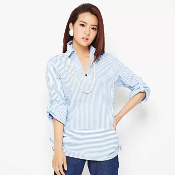 【 TOP GIRL】條紋V領七分袖長版襯衫-M藍條紋