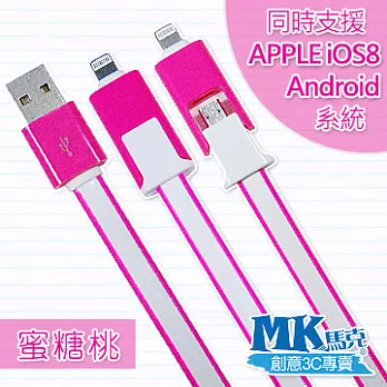 【MK馬克】Apple Lightning & Micro USB 雙色二合一充電傳輸扁線蜜糖桃