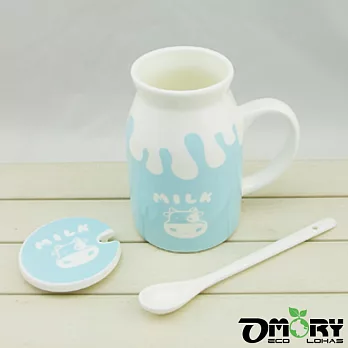 【OMORY】陶瓷附蓋附匙牛奶/馬克杯(450ML)-藍