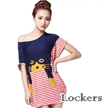 【Lockers 木櫃】輕薄綿質寬鬆印花短袖長版Ｔ恤/洋裝(三款任選)紅橫條貓貓