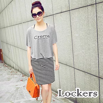 【Lockers 木櫃】條紋Y字吊帶連衣裙+印字罩衫兩件組(灰色)