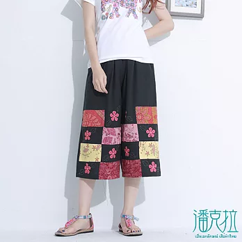【潘克拉】拼接花布五分褲-FREEFREE黑