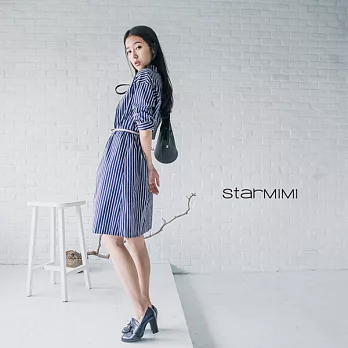 【StarMIMI】直紋小立領襯衫洋裝＊FREE藍