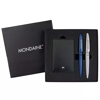 MONDAINE 瑞士國鐵極簡名片夾+藍灰對筆禮盒組