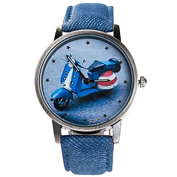 Watch-123 往日情懷-英式復古圖案單寧休閒腕錶 (6色任選)藍色