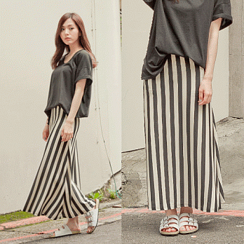 ROSE。韓版氣質絲光直紋長裙 黑系