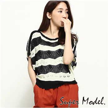 【名模衣櫃】波浪條紋簍空針織上衣-共4色FREE黑